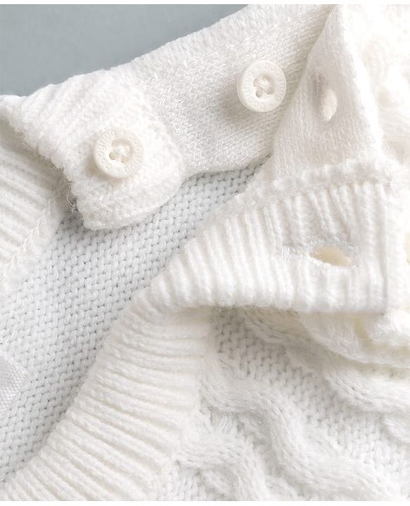 Babyhug Knit Full Sleeves Solid Colour Pullover with Cable Knit Design & Floral Applique-White