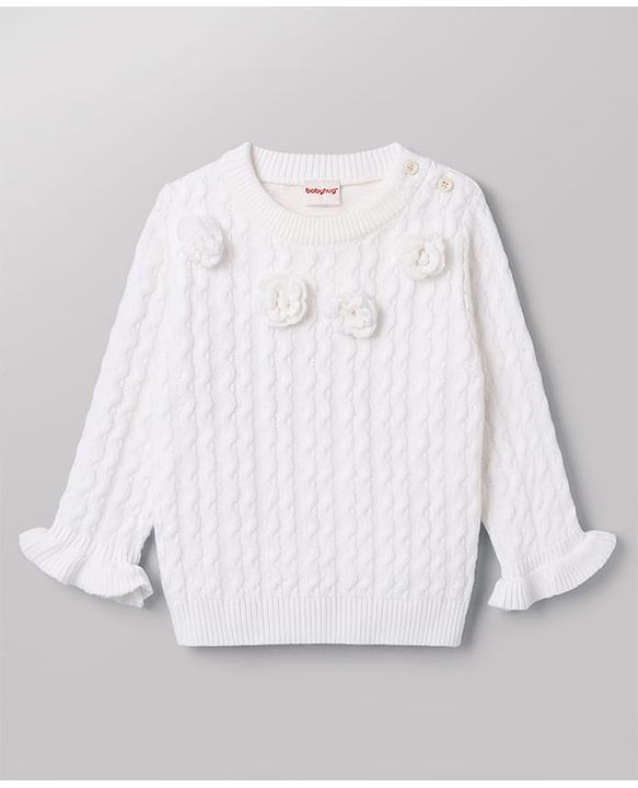 Babyhug Knit Full Sleeves Solid Colour Pullover with Cable Knit Design & Floral Applique-White