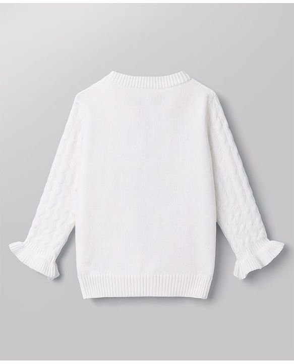 Babyhug Knit Full Sleeves Solid Colour Pullover with Cable Knit Design & Floral Applique-White
