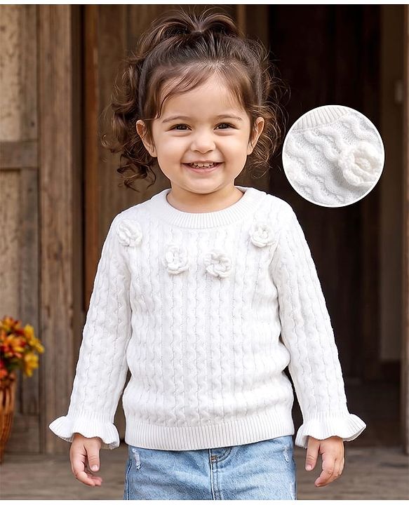 Babyhug Knit Full Sleeves Solid Colour Pullover with Cable Knit Design & Floral Applique-White