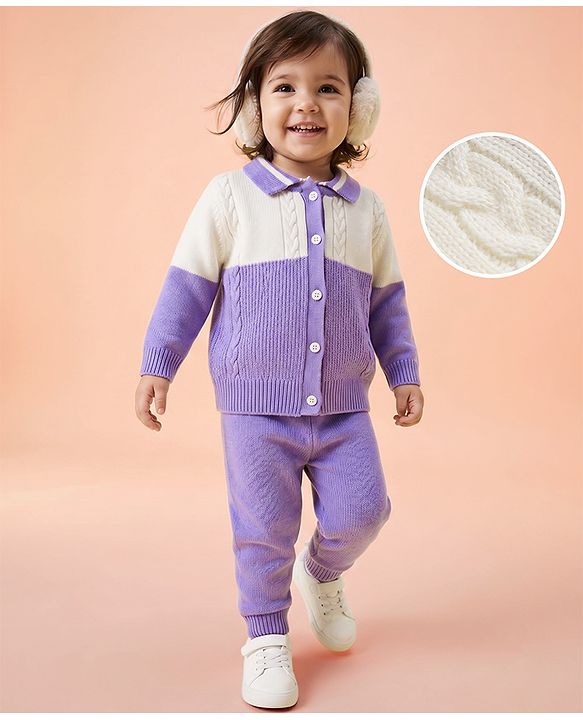 Babyhug Knit Full Sleeves Sweater Set With Cable Knit Design - Purple