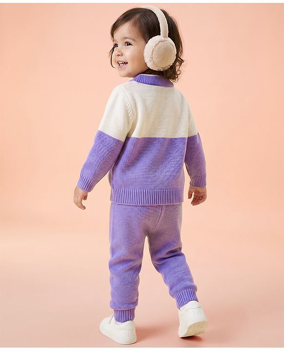 Babyhug Knit Full Sleeves Sweater Set With Cable Knit Design - Purple