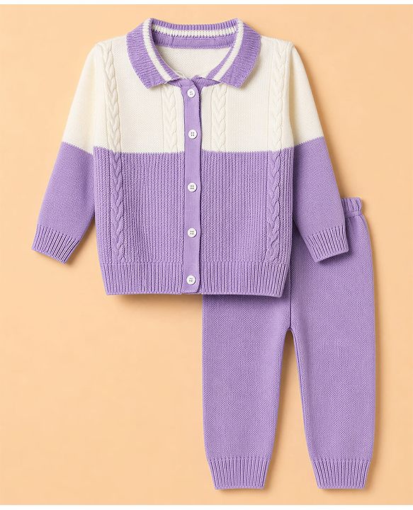 Babyhug Knit Full Sleeves Sweater Set With Cable Knit Design - Purple