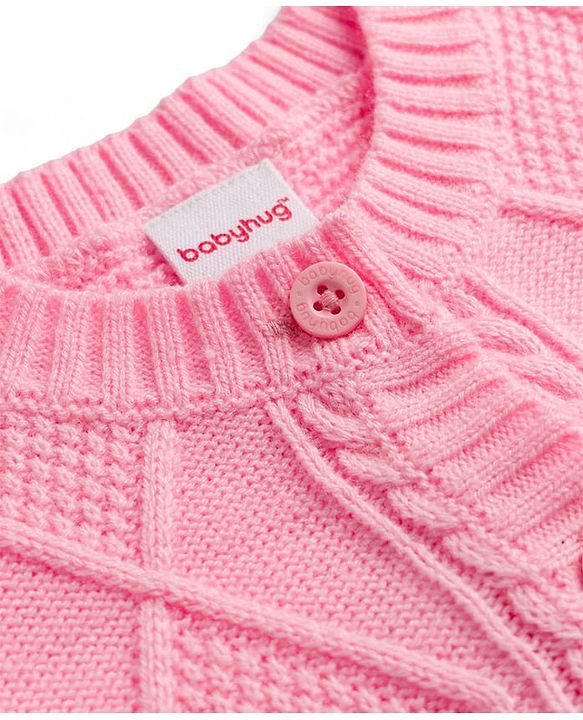 Babyhug Knit Full Sleeves Front Open Sweater With Cable Knit Design - Pink