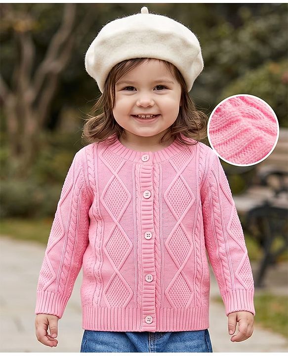 Babyhug Knit Full Sleeves Front Open Sweater With Cable Knit Design - Pink