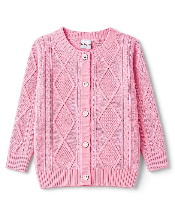 Babyhug Knit Full Sleeves Front Open Sweater With Cable Knit Design - Pink