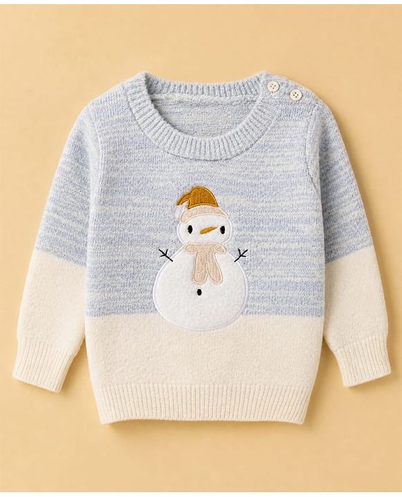 Babyhug Cotton Knit Full Sleeves Pullover With Snowman Applique - Sky Blue
