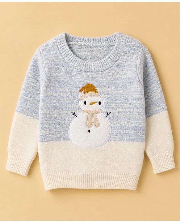 Babyhug Cotton Knit Full Sleeves Pullover With Snowman Applique - Sky Blue