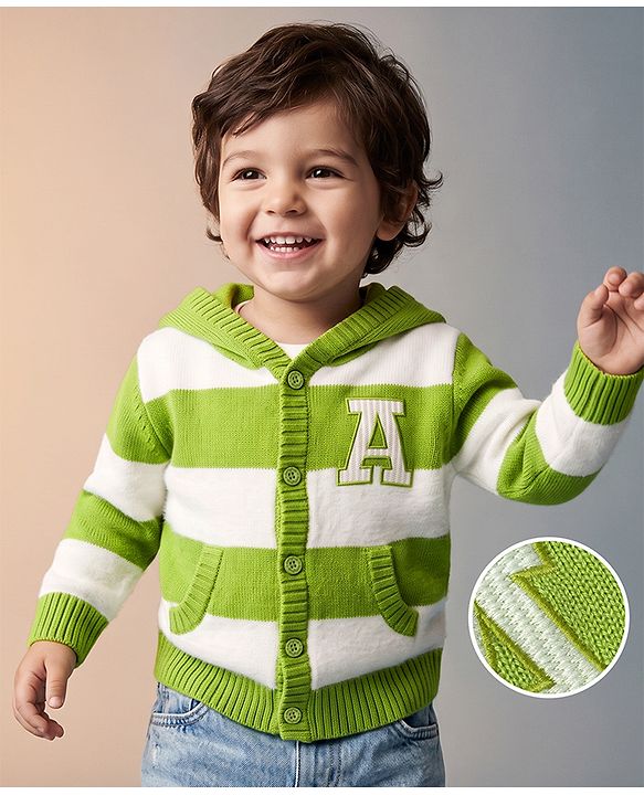 Babyhug Knit Full Sleeves Striped Hooded Front Open Sweater with Text Badge - Green