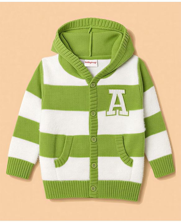 Babyhug Knit Full Sleeves Striped Hooded Front Open Sweater with Text Badge - Green