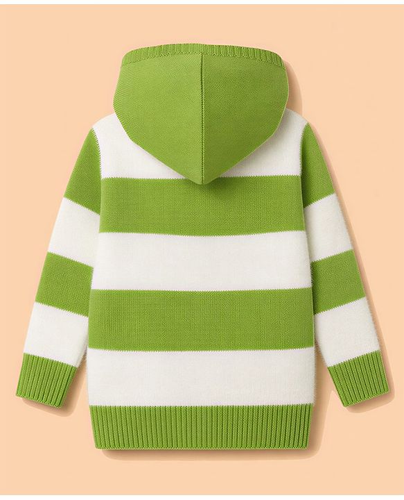 Babyhug Knit Full Sleeves Striped Hooded Front Open Sweater with Text Badge - Green