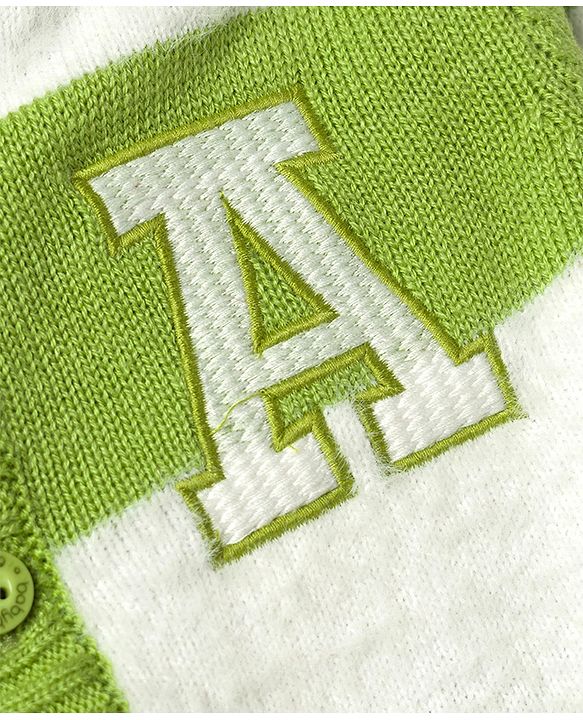 Babyhug Knit Full Sleeves Striped Hooded Front Open Sweater with Text Badge - Green
