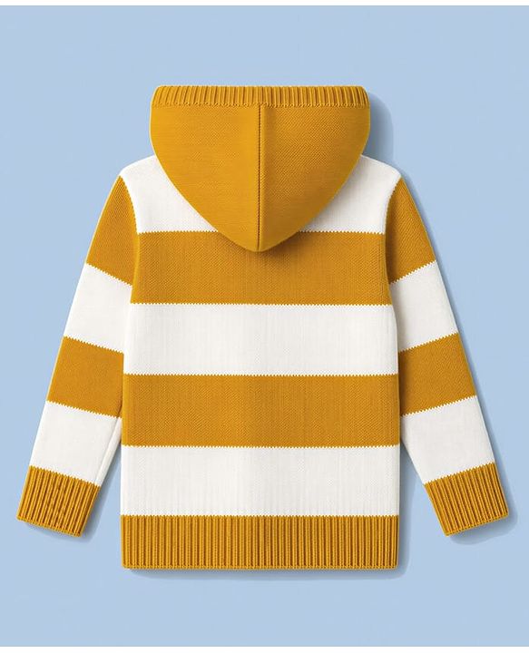 Babyhug Knit Full Sleeves Striped Hooded Front Open Sweater with Text Badge - Yellow