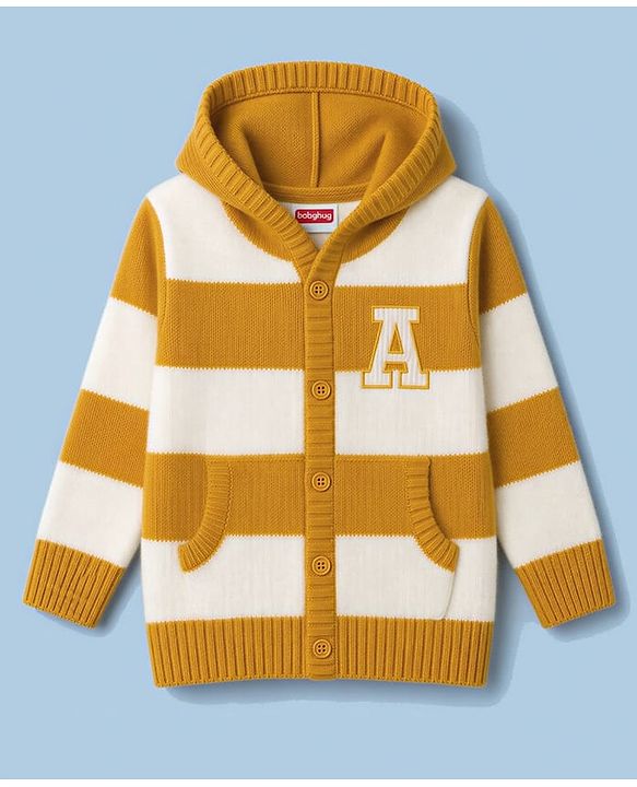Babyhug Knit Full Sleeves Striped Hooded Front Open Sweater with Text Badge - Yellow