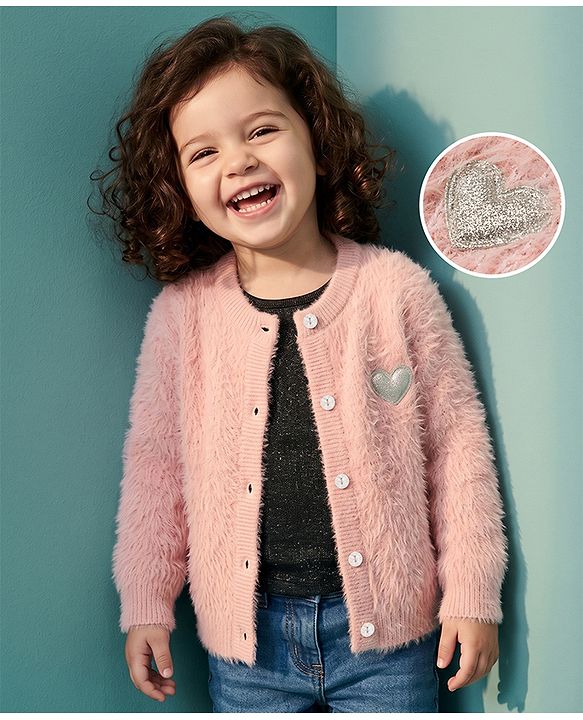 Babyhug  Knit Full Sleeves Front Open Sweater with Heart Design -Pink