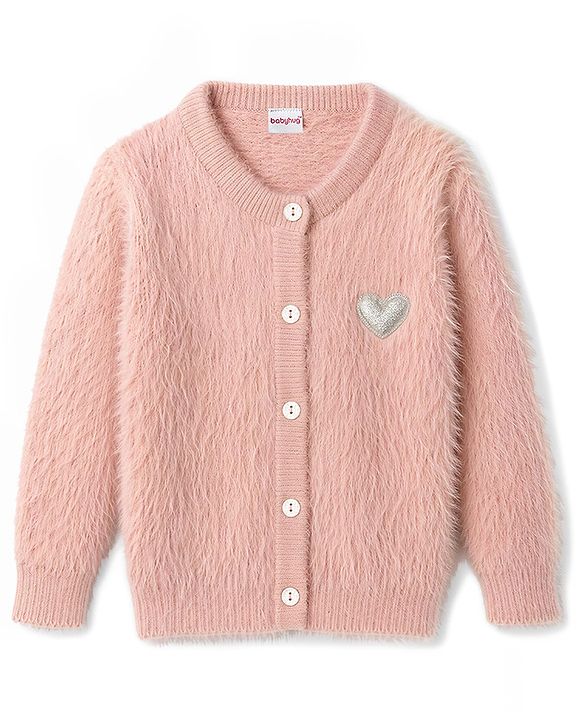 Babyhug  Knit Full Sleeves Front Open Sweater with Heart Design -Pink