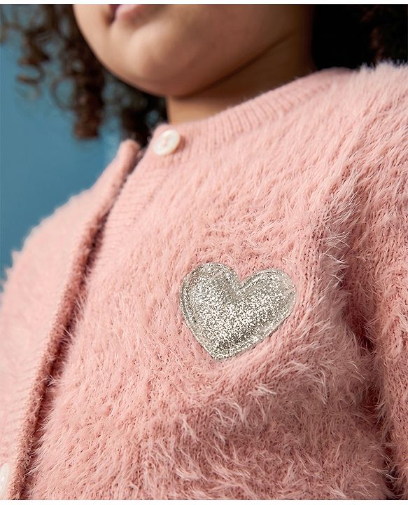 Babyhug  Knit Full Sleeves Front Open Sweater with Heart Design -Pink