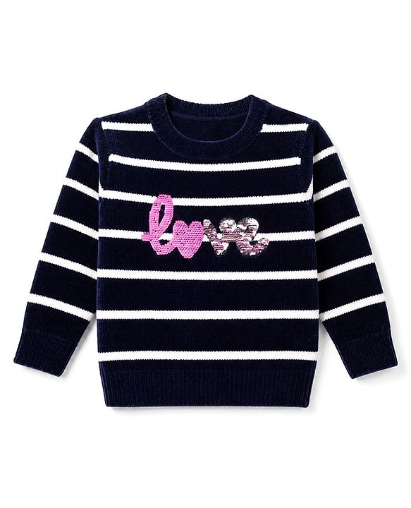 Babyhug Knit Full Sleeves Striped Pullovers With Love Sequin - Navy Blue