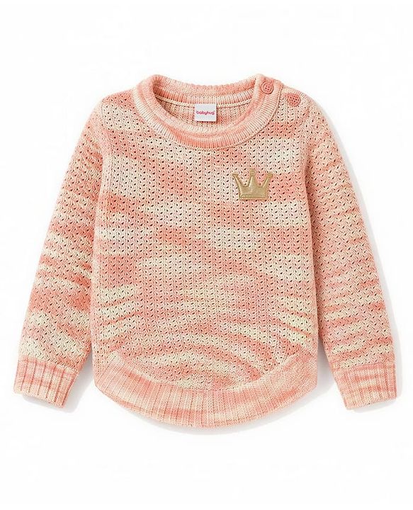 Babyhug Knit Full Sleeves Pullovers With Crown Applique - Peach