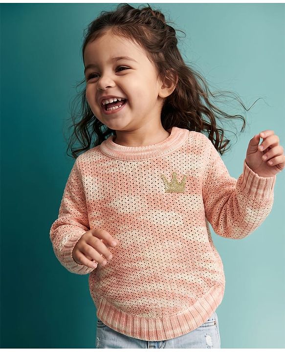 Babyhug Knit Full Sleeves Pullovers With Crown Applique - Peach