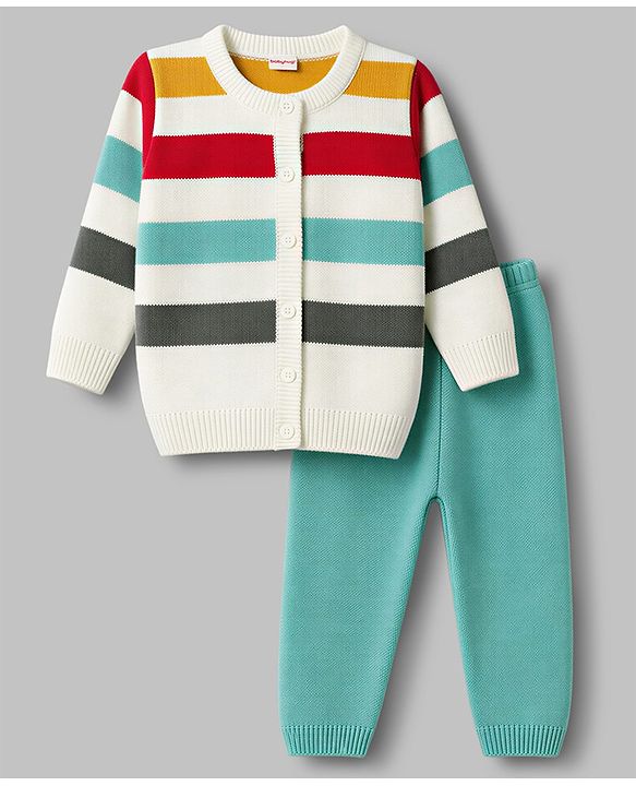 Babyhug Knit Full Sleeves Front Open Sweater Set with Stripes - White