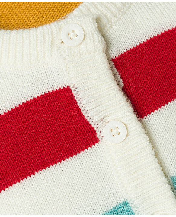 Babyhug Knit Full Sleeves Front Open Sweater Set with Stripes - White