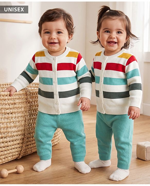 Babyhug Knit Full Sleeves Front Open Sweater Set with Stripes - White