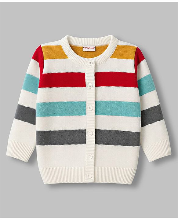 Babyhug Knit Full Sleeves Front Open Sweater Set with Stripes - White