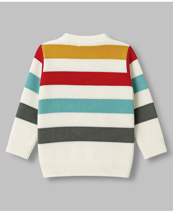 Babyhug Knit Full Sleeves Front Open Sweater Set with Stripes - White