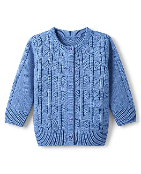 Babyhug Knit Full Sleeves Front Open Sweater With Cable Knit Design - Light Blue