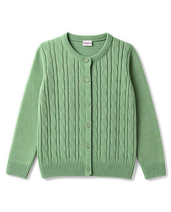 Babyhug  Knit Full Sleeves Front Open Solid Colour Sweaters with Cable Knit Design - Green