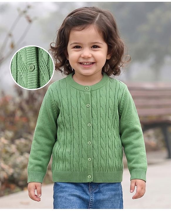 Babyhug  Knit Full Sleeves Front Open Solid Colour Sweaters with Cable Knit Design - Green