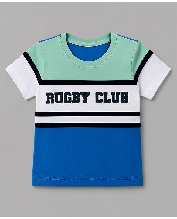 Babyhug Cotton Knit Half Sleeves T-Shirt with Rugby Club Patch - Blue