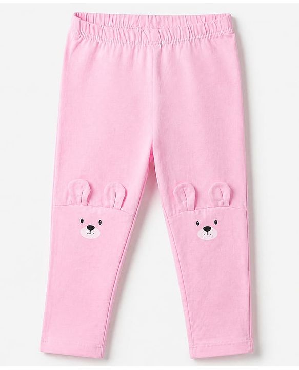 Babyhug Cotton Lycra Elastane Knit Leggings with Full Length and Bear Print& Applique - Pink