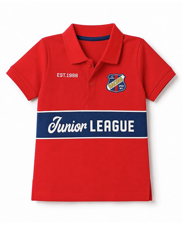 Babyhug Cotton Knit Half Sleeves Pique Polo T-Shirt with Racing Patch - Red