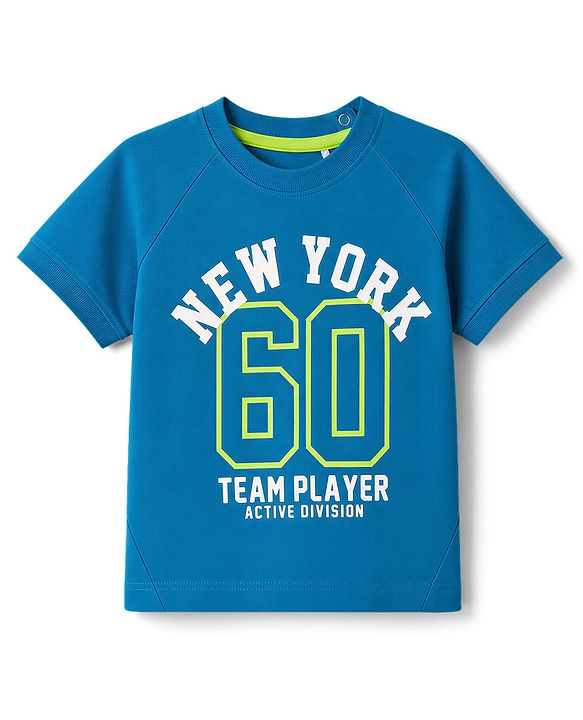 Babyhug Cotton Knit Half Sleeves T-Shirt with New York 60 Print - Blue