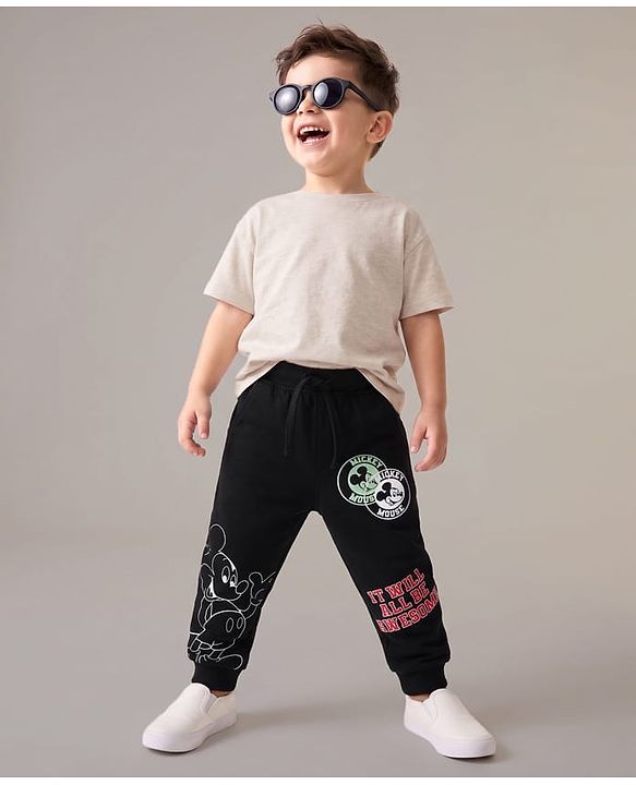 Babyhug Disney 100% Cotton Knit Full Length Jogger With Mickey Mouse & Friends Graphics - Black