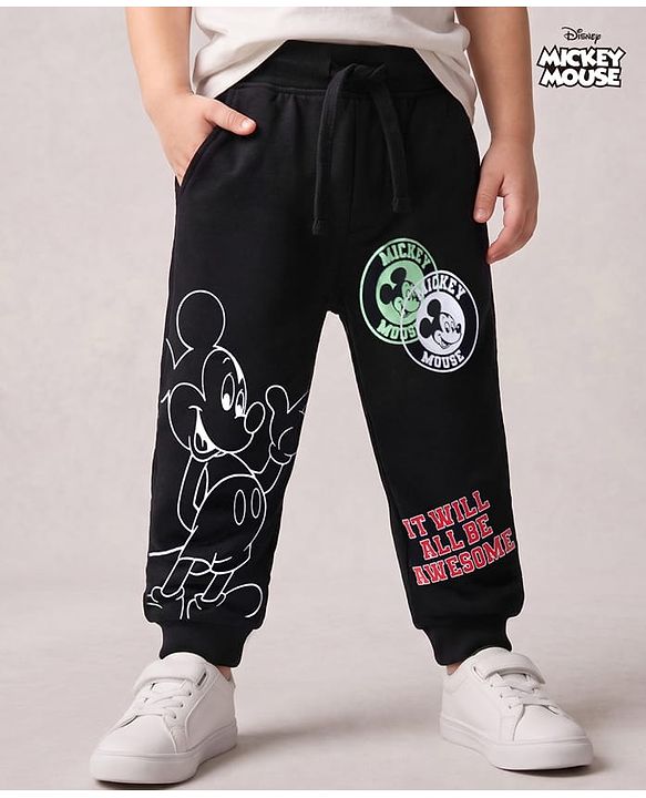 Babyhug Disney 100% Cotton Knit Full Length Jogger With Mickey Mouse & Friends Graphics - Black