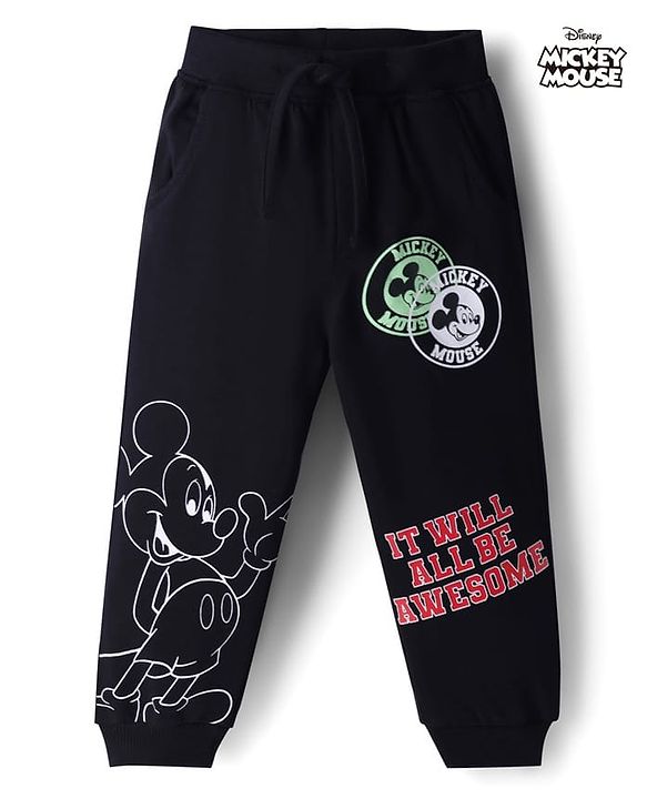 Babyhug Disney 100% Cotton Knit Full Length Jogger With Mickey Mouse & Friends Graphics - Black