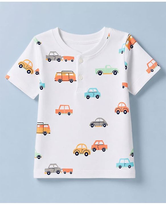 Babyhug 100% Cotton Knit Henley T-Shirt with Half Sleeves and Vehicles Print - White