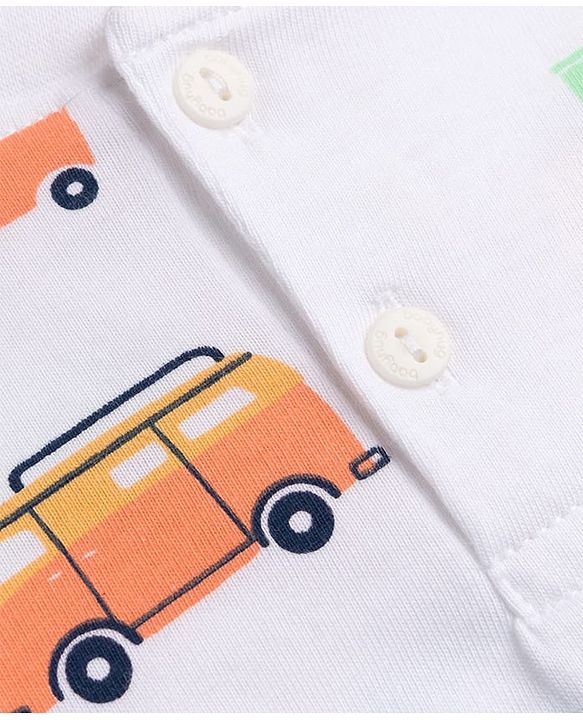 Babyhug 100% Cotton Knit Henley T-Shirt with Half Sleeves and Vehicles Print - White