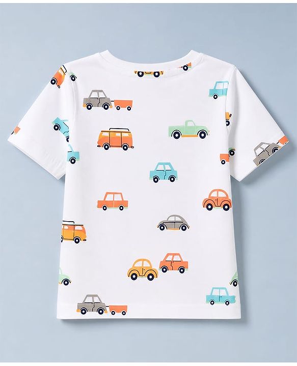 Babyhug 100% Cotton Knit Henley T-Shirt with Half Sleeves and Vehicles Print - White
