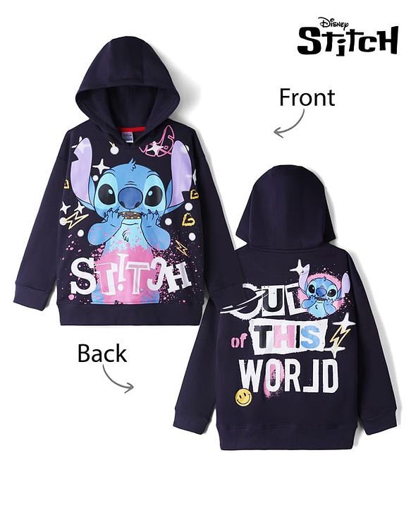 Pine Kids Disney Terry Knit Sweatshirts With Full Sleeves and Stitch Print in Front & Back - Black