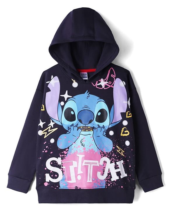 Pine Kids Disney Terry Knit Sweatshirts With Full Sleeves and Stitch Print in Front & Back - Black