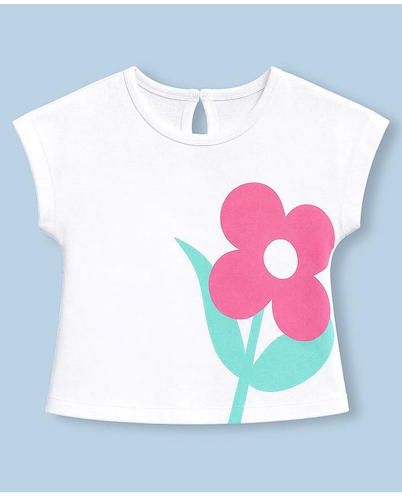 Babyhug 100% Cotton Knit T-Shirt Half Sleeves with Floral Print - White