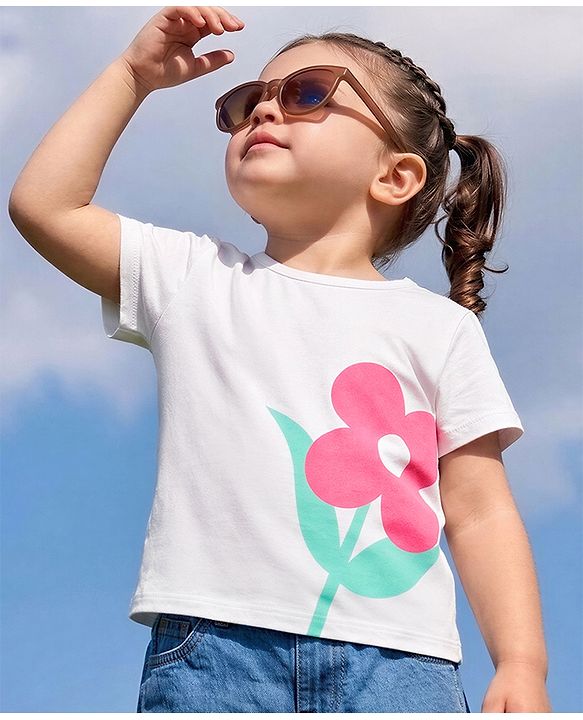 Babyhug 100% Cotton Knit T-Shirt Half Sleeves with Floral Print - White