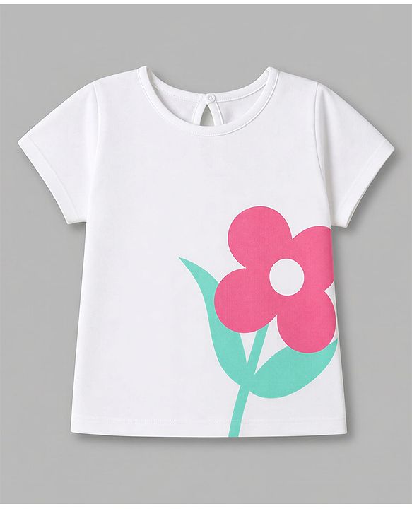 Babyhug 100% Cotton Knit T-Shirt Half Sleeves with Floral Print - White