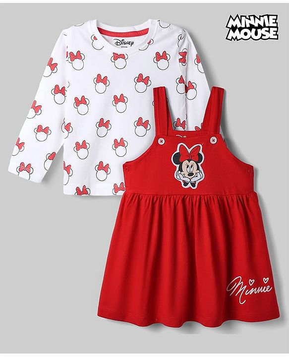 Babyhug Disney Single Jersey Knit Full Sleeves Frock With Inner Tee and Minnie Mouse Graphic - Red & White