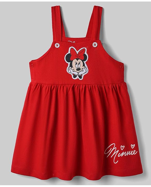 Babyhug Disney Single Jersey Knit Full Sleeves Frock With Inner Tee and Minnie Mouse Graphic - Red & White