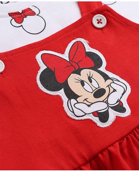 Babyhug Disney Single Jersey Knit Full Sleeves Frock With Inner Tee and Minnie Mouse Graphic - Red & White